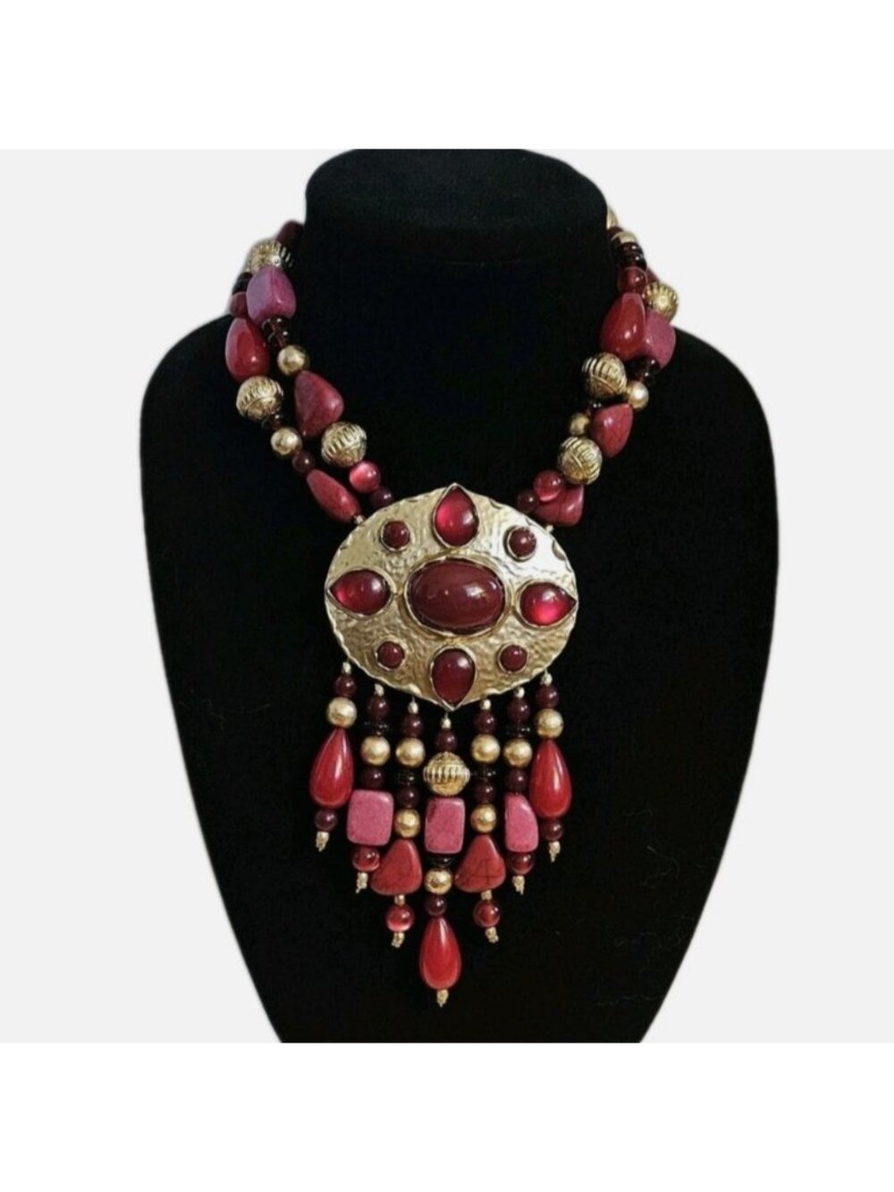 Vintage Chicos Red Statement Necklace Gold Beaded Fringe Bold 35th Anniversary - Picture 5 of 12